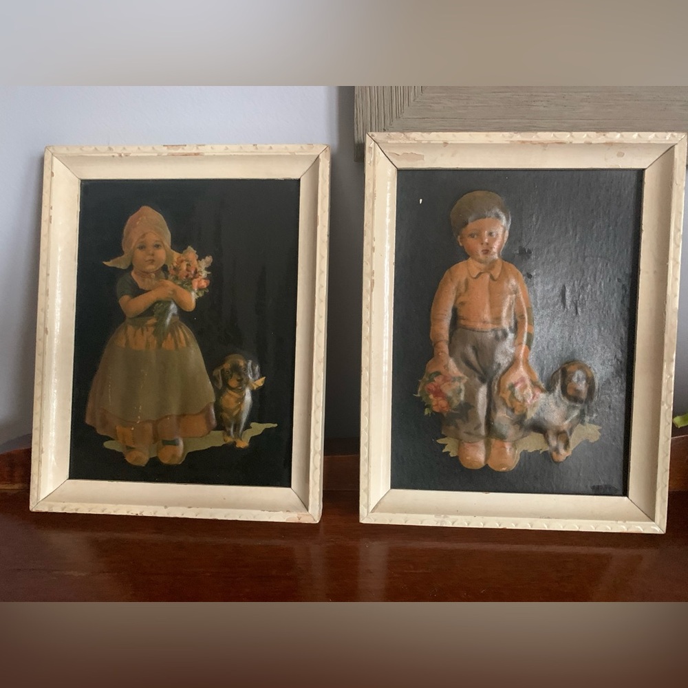 1940s Dutch Girl & Boys Raised Art Framed Pictures (set of 3)